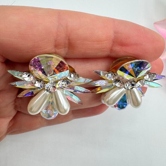 Vintage Rhinestone Earrings AB Rivoli Navettes Runway Ballroom Faux Pearls Bling - Picture 7 of 17